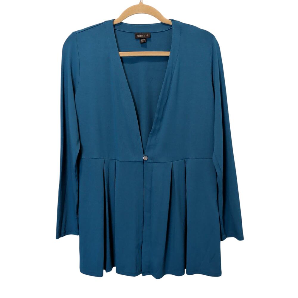 J.Jill Wearever Women's Sz S Petite Teal Blue One Button Cardigan Soft Stretchy